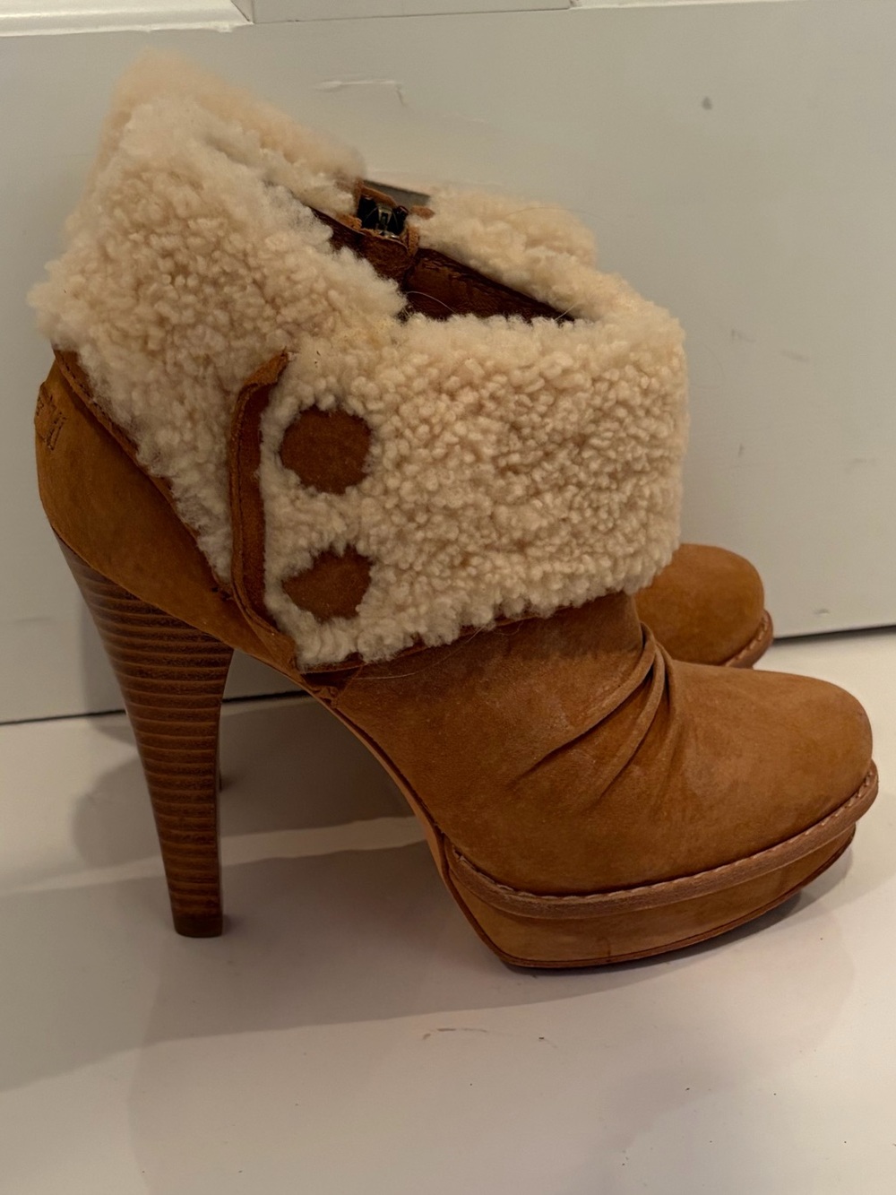 UGG Georgette Chestnut Suede Shearling Cuff High-Heel Ankle Boots - Picture 3 of 11
